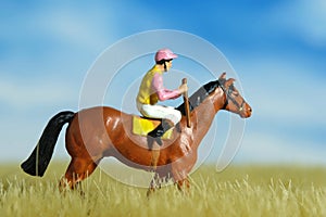 Miniature people toy figure photography. A jockey man riding horse at dried meadow field for training