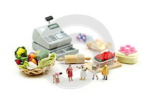 Miniature people : Wifehouse woman`s Sell Harvest Products Farm Assortment of fresh fruits and vegetables Market Seasonal Sale