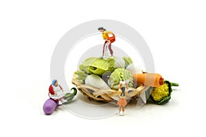 Miniature people : Wifehouse woman`s Sell Harvest Products Farm Assortment of fresh fruits and vegetables Market Seasonal Sale