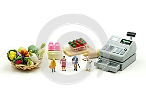 Miniature people : Wifehouse woman`s Sell Harvest Products Farm Assortment of fresh fruits and vegetables Market Seasonal Sale