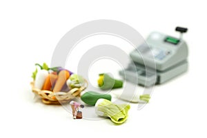 Miniature people : Wifehouse woman`s Sell Harvest Products Farm Assortment of fresh fruits and vegetables Market Seasonal Sale