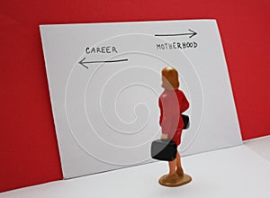 Miniature people, woman decides between a career and a child. Bilogical clock, feministmambitions, job or family dilemma