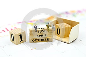 Miniature people : Wooden block calendar date and mounth with miniworld