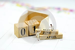 Miniature people : Wooden block calendar date and mounth with miniworld