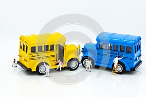 Miniature people : Workers make up the car. Image use for cleaning and maintenance, business autocar concept