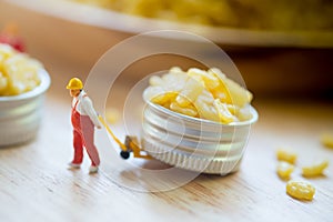 Miniature people workers moving fried mung bean Thai appetizer for export