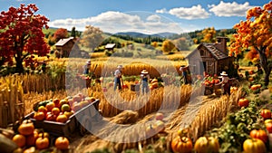 miniature people working on a farm?autumn harvest concepts
