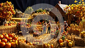 miniature people working on a farm?autumn harvest concepts