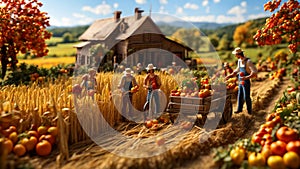 miniature people working on a farm?autumn harvest concepts