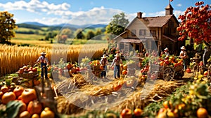 miniature people working on a farm?autumn harvest concepts