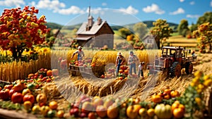 miniature people working on a farm?autumn harvest concepts