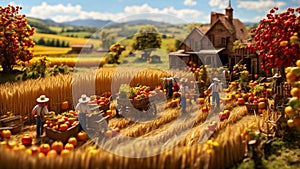 miniature people working on a farm?autumn harvest concepts