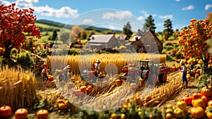 miniature people working on a farm?autumn harvest concepts