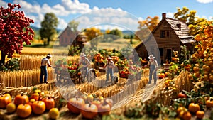 miniature people working on a farm?autumn harvest concepts