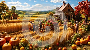 miniature people working on a farm?autumn harvest concepts