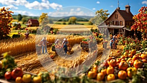 miniature people working on a farm?autumn harvest concepts