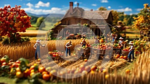 miniature people working on a farm?autumn harvest concepts