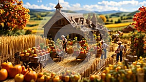 miniature people working on a farm?autumn harvest concepts