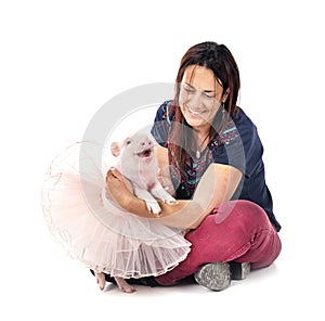 miniature pig and woman