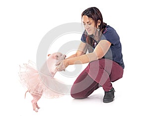 miniature pig and woman