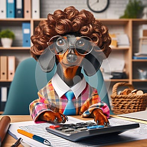 Miniature pinscher dog like accountant or secretary in office. Generative AI