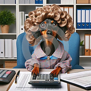 Miniature pinscher dog like accountant or secretary in office. Generative AI