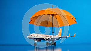 a miniature plane and an umbrella above against a serene blue background, with deliberate negative space, a visually appealing
