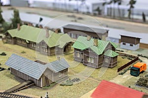 Miniature of railway station. Model of retro railroad station