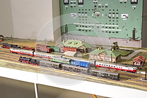 Miniature of railway station. Model of retro railroad station