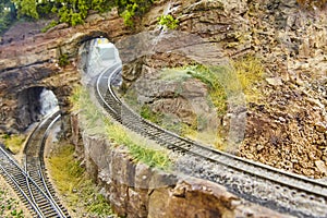 Miniature Railway Track in Rugged Landscape with Eye-level Perspective