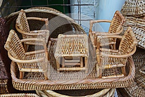 Miniature Rattan Set of single Coffee Table and four comfortable chairs