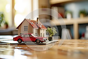 A miniature red car stands on the table near the house. Concept of buying a new automobile. Leasing, car loan