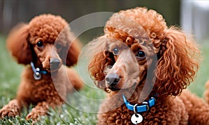 Miniature red poodles sitting on the grass