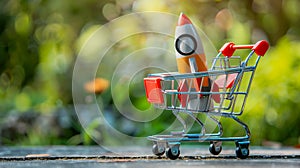 Miniature rocket in shopping cart outdoors. Fast shopping service, quick delivery, and innovative retail marketing strategies