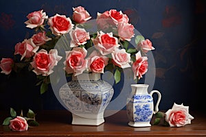 miniature roses in a white ceramic vase next to a box with shipping labels