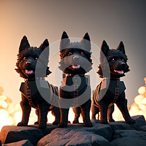 A miniature set of stylish black special forces dogs in combat on urban rubble. AI generate photo