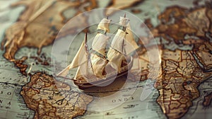 The ship on vintage map. AI generated