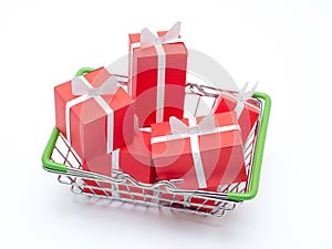 Miniature shopping basket with six red gift boxes