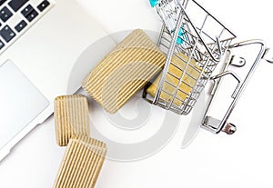 Miniature shopping cart and cardboard boxes spilled over laptop computer isolated on white