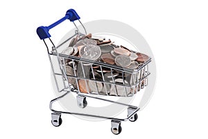 Miniature shopping cart filled with US coins isolated on a white background