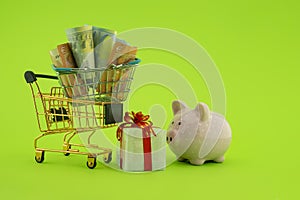 Miniature shopping cart and piggy bank on green