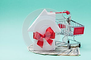 Miniature shopping cart, small white house decorated red bow ribbon, dollars money and keychain. Buying a new home, gift or sale