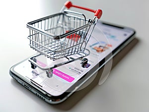 Miniature shopping cart on smartphone screen with online shopping app displayed photo