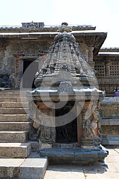 Miniature shrines with Bhumija style superstructure at entrance to Chennakeshava temple, Belur, Karnataka.