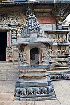 Miniature shrines with Bhumija style superstructure. Swarg Dwara, Door to Heaven, Chennakeshava temple, Belur, Karnataka.