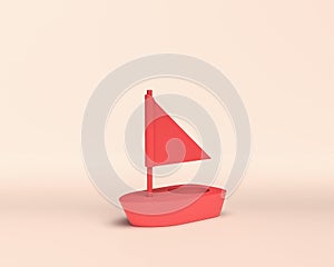 Miniature small boat, skiff, caique,3d Icon, monochrome red color, flat and solid style, 3d Rendering