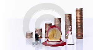 Miniature small doll of couple lovers propose for marriage with romantic valentine moment with background of stack coin as saving