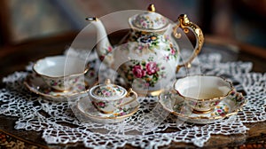 A miniature tea set complete with a teapot cups and saucers carefully arranged on a lace doily.