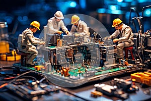 Miniature technicians team of engineers repairing computer