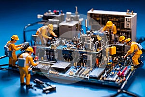 Miniature technicians team of engineers repairing computer